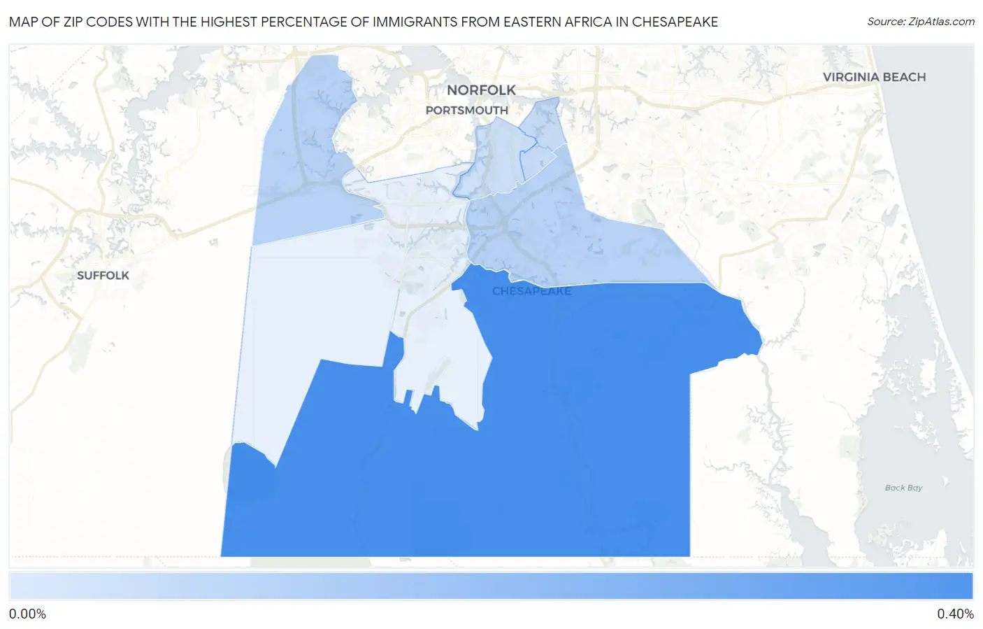 Zip Codes with the Highest Percentage of Immigrants from Eastern Africa in Chesapeake Map