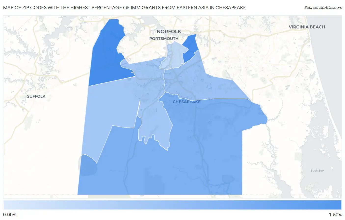 Zip Codes with the Highest Percentage of Immigrants from Eastern Asia in Chesapeake Map