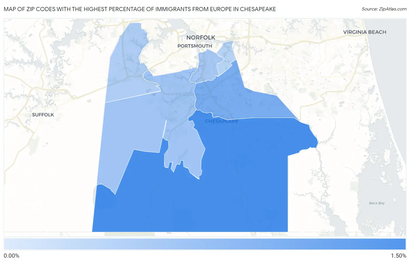 Zip Codes with the Highest Percentage of Immigrants from Europe in Chesapeake Map