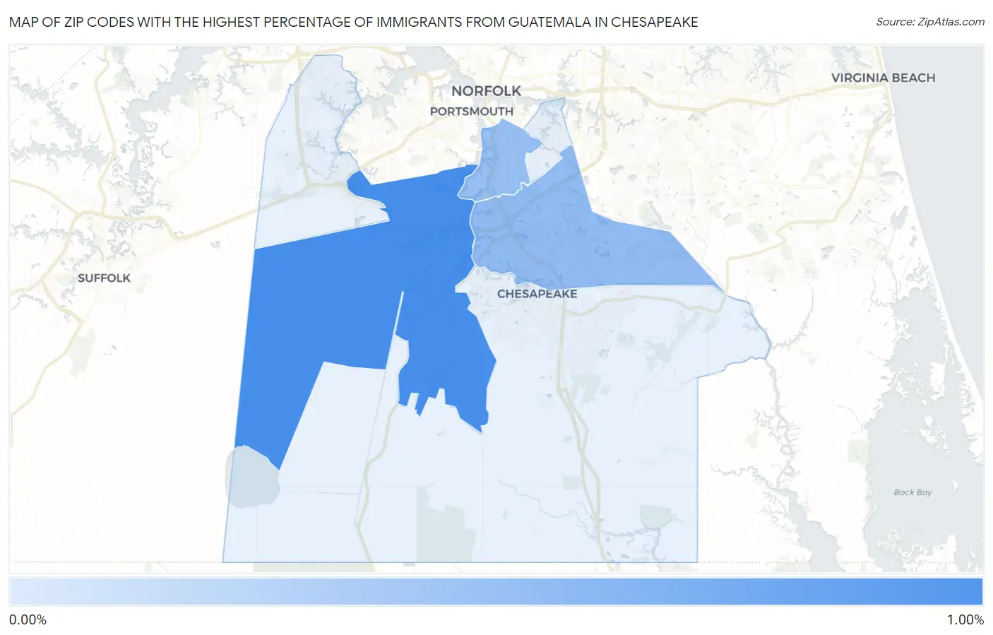 Zip Codes with the Highest Percentage of Immigrants from Guatemala in Chesapeake Map
