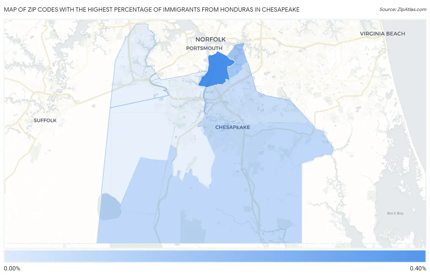 Zip Codes with the Highest Percentage of Immigrants from Honduras in Chesapeake Map