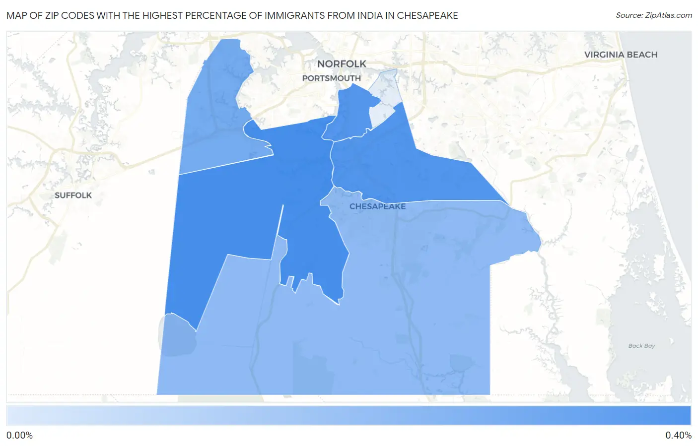 Zip Codes with the Highest Percentage of Immigrants from India in Chesapeake Map