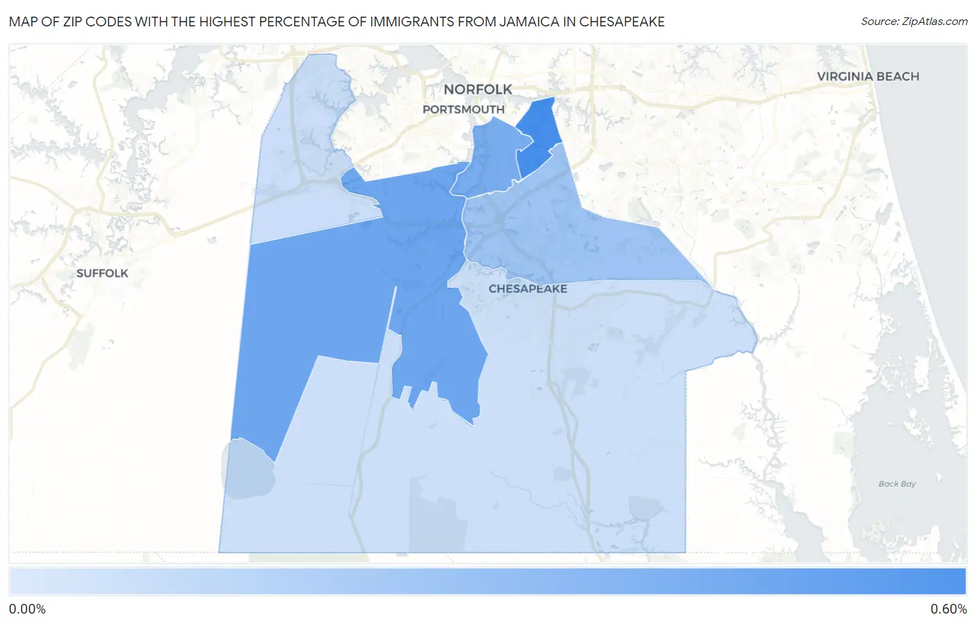 Zip Codes with the Highest Percentage of Immigrants from Jamaica in Chesapeake Map