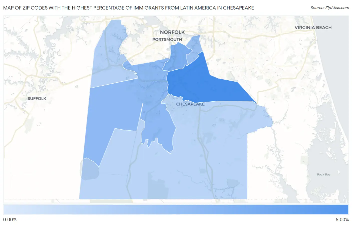 Zip Codes with the Highest Percentage of Immigrants from Latin America in Chesapeake Map