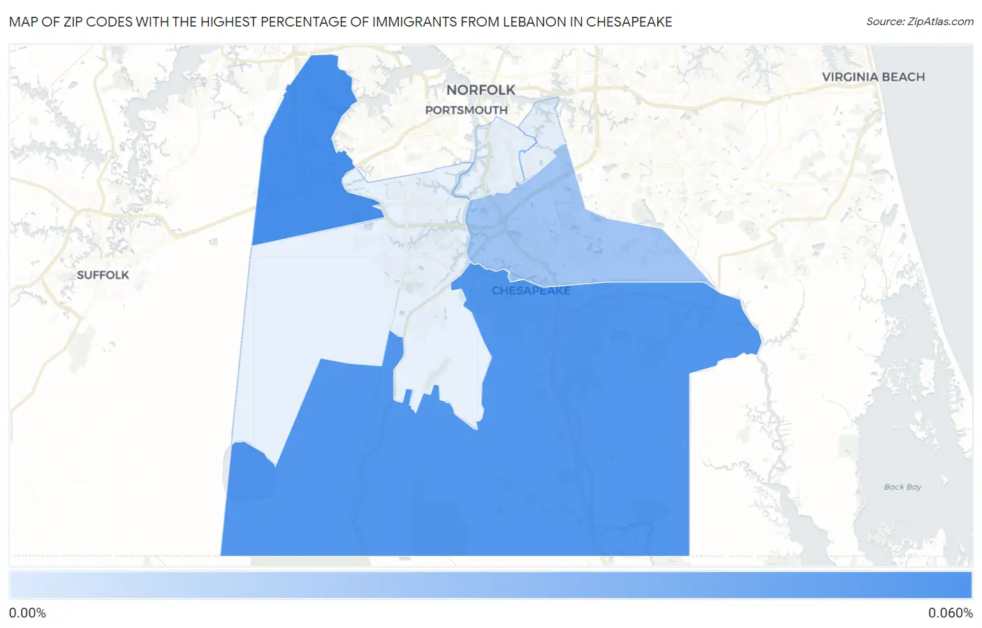 Zip Codes with the Highest Percentage of Immigrants from Lebanon in Chesapeake Map