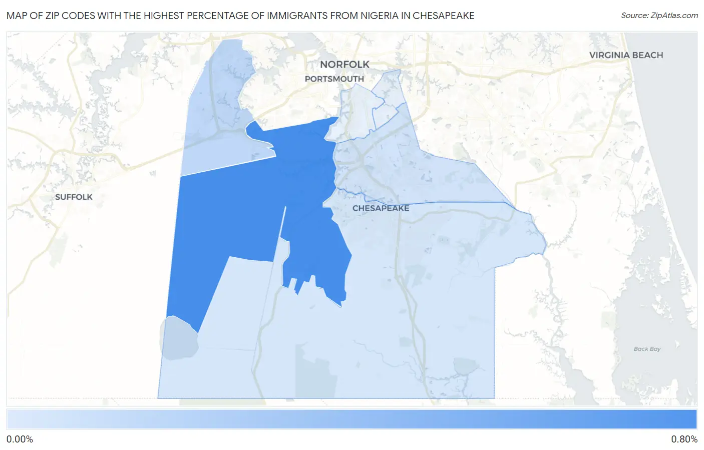 Zip Codes with the Highest Percentage of Immigrants from Nigeria in Chesapeake Map