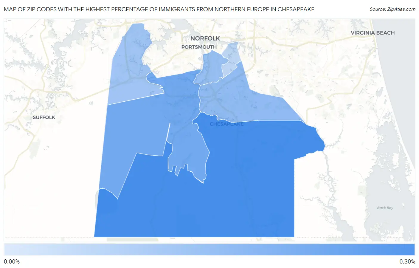 Zip Codes with the Highest Percentage of Immigrants from Northern Europe in Chesapeake Map