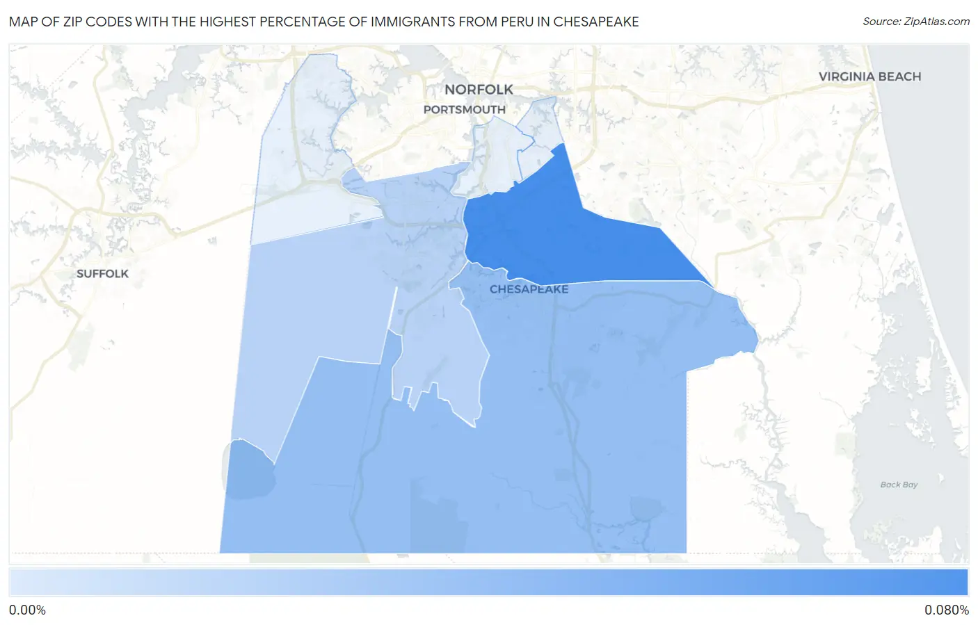 Zip Codes with the Highest Percentage of Immigrants from Peru in Chesapeake Map