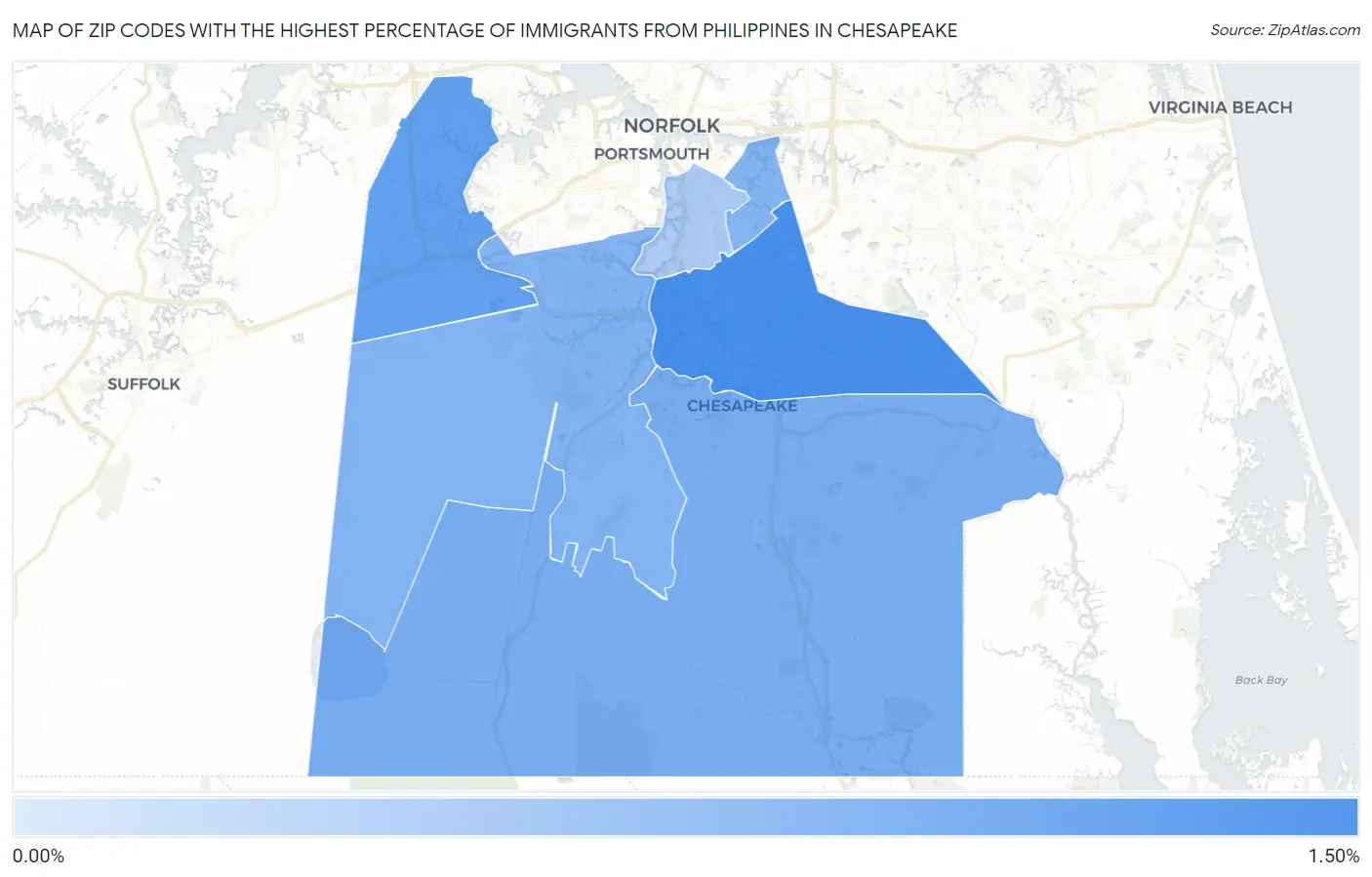Zip Codes with the Highest Percentage of Immigrants from Philippines in Chesapeake Map