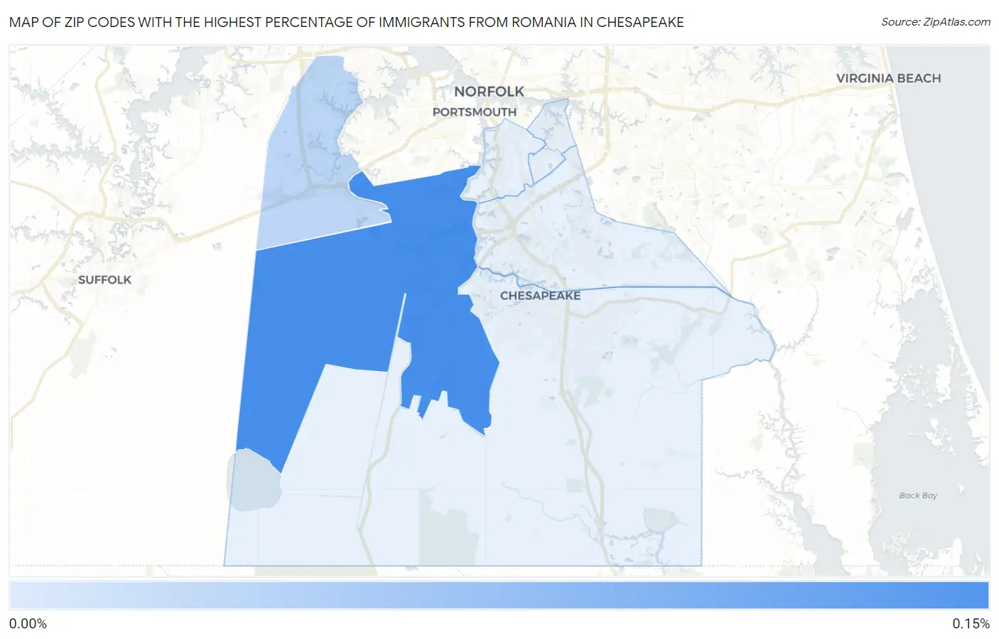 Zip Codes with the Highest Percentage of Immigrants from Romania in Chesapeake Map