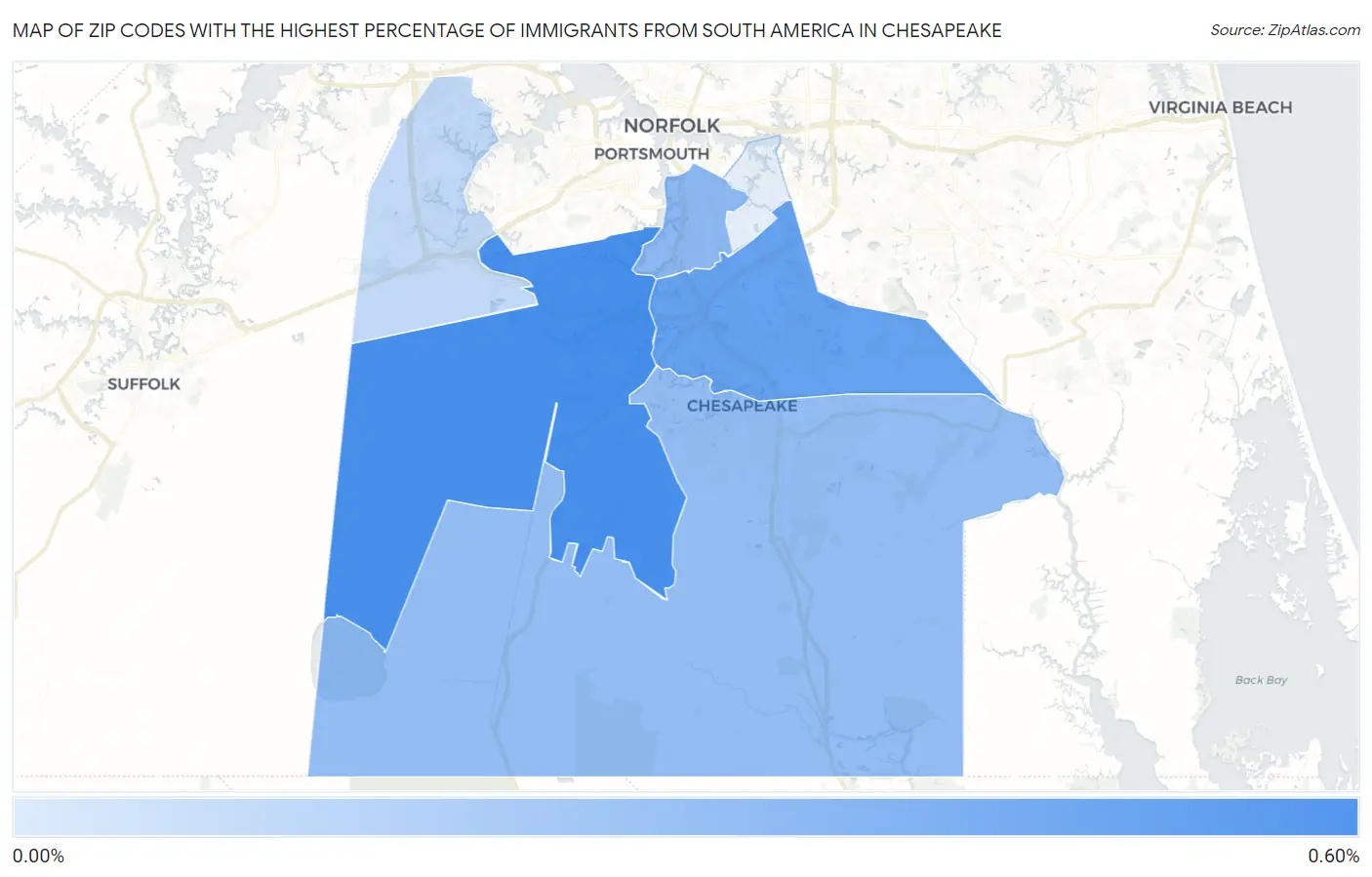 Zip Codes with the Highest Percentage of Immigrants from South America in Chesapeake Map