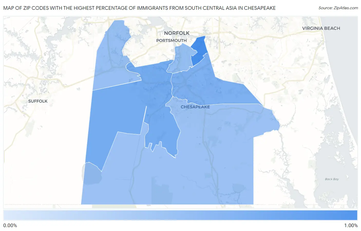 Zip Codes with the Highest Percentage of Immigrants from South Central Asia in Chesapeake Map