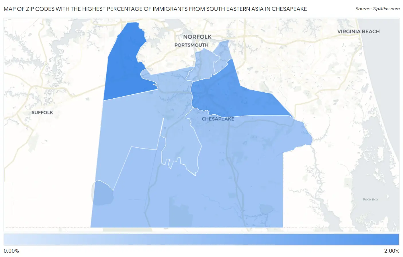 Zip Codes with the Highest Percentage of Immigrants from South Eastern Asia in Chesapeake Map
