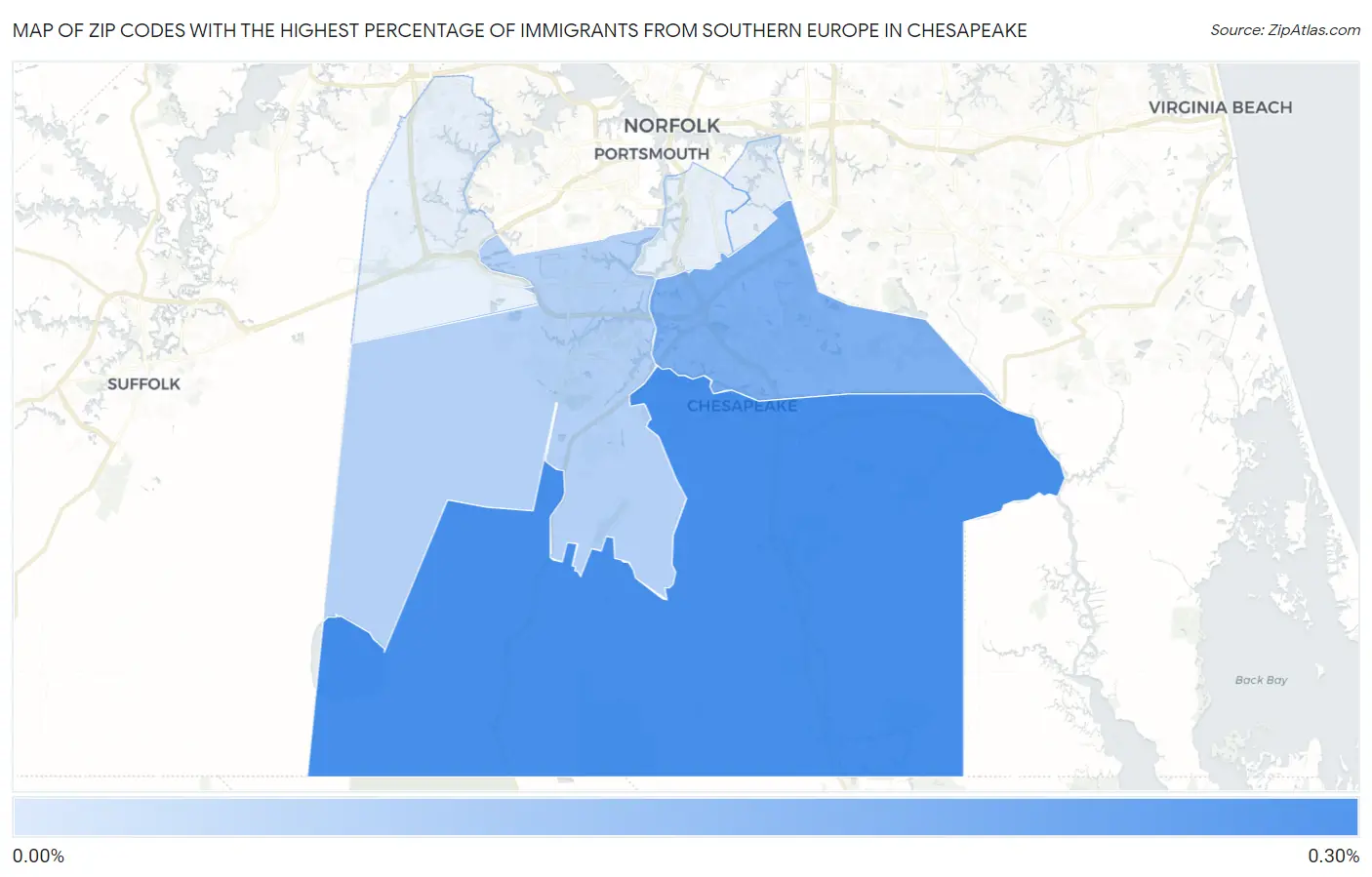 Zip Codes with the Highest Percentage of Immigrants from Southern Europe in Chesapeake Map