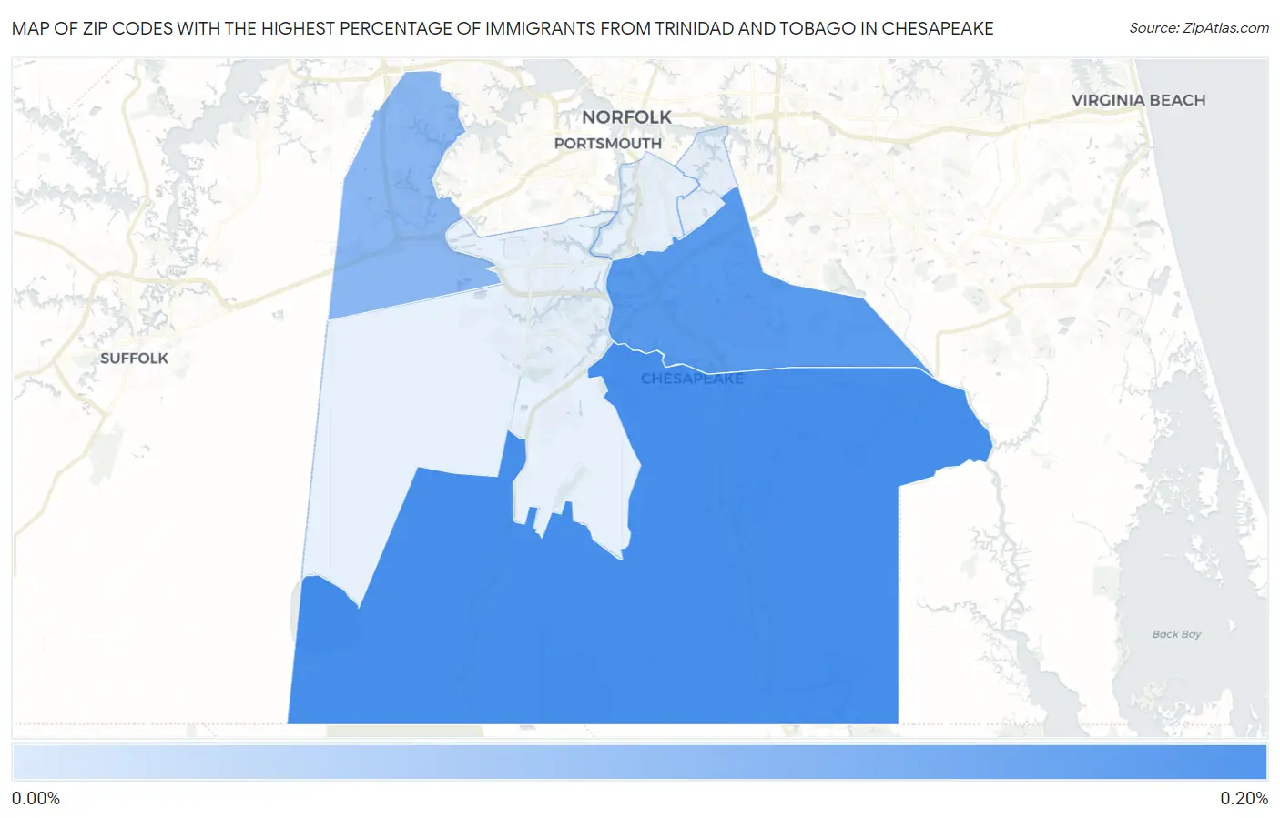 Zip Codes with the Highest Percentage of Immigrants from Trinidad and Tobago in Chesapeake Map