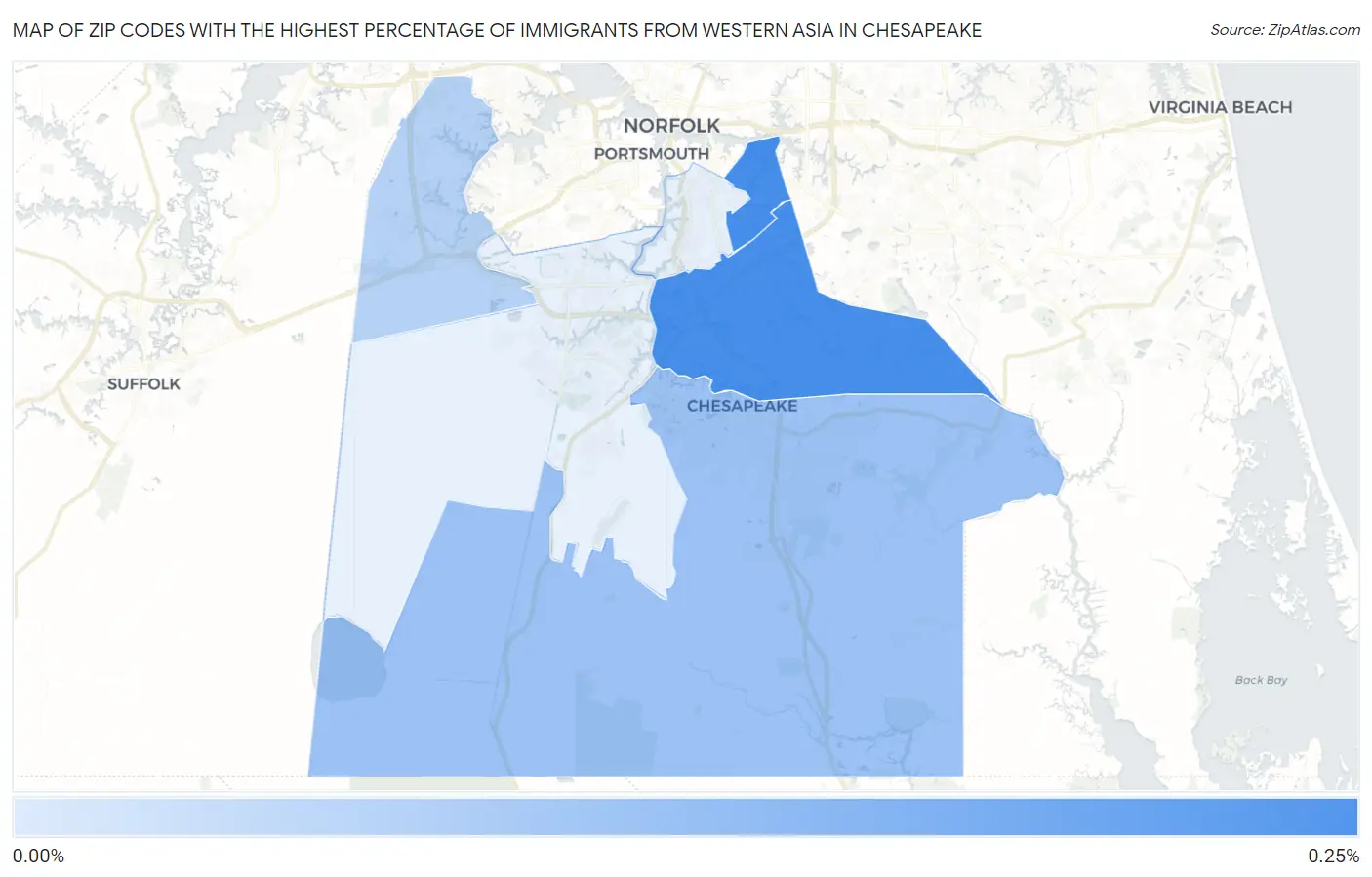 Zip Codes with the Highest Percentage of Immigrants from Western Asia in Chesapeake Map