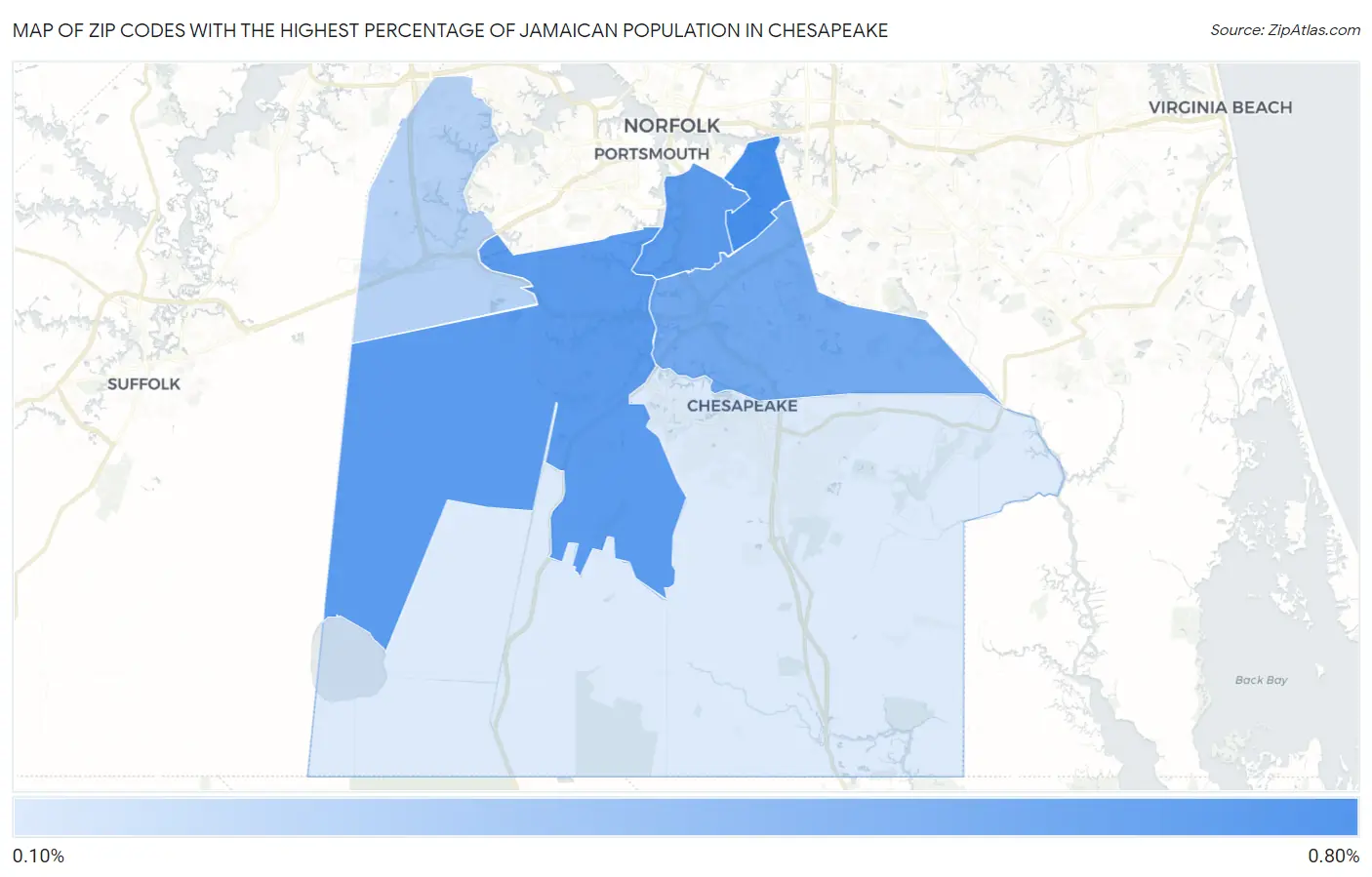 Zip Codes with the Highest Percentage of Jamaican Population in Chesapeake Map