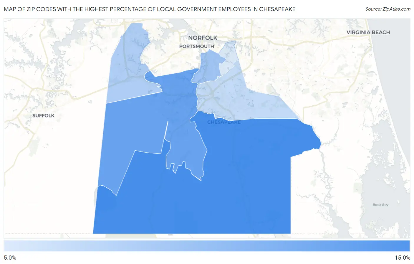 Zip Codes with the Highest Percentage of Local Government Employees in Chesapeake Map