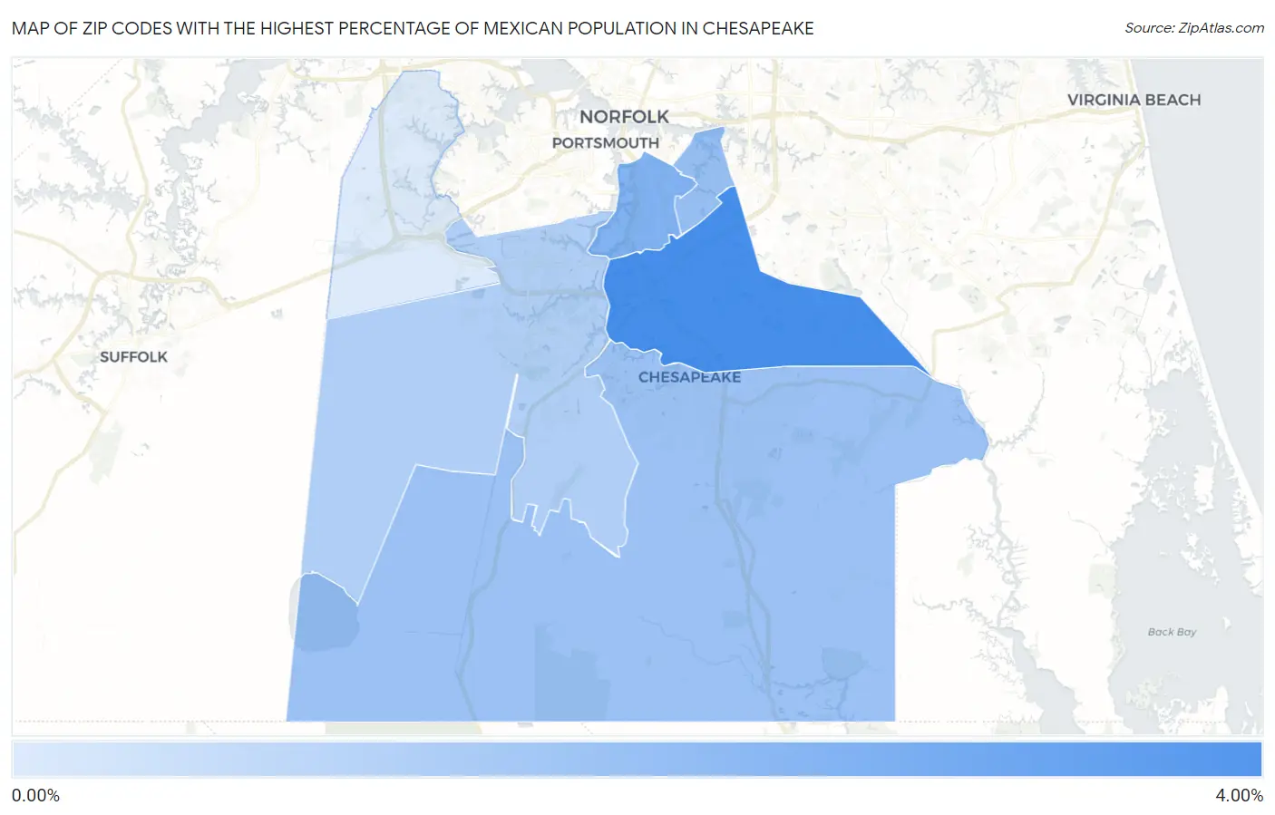 Zip Codes with the Highest Percentage of Mexican Population in Chesapeake Map