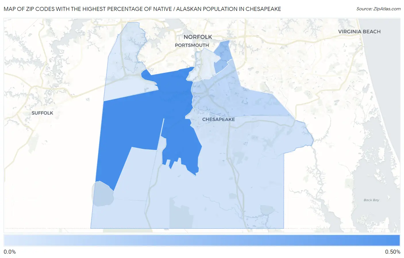 Zip Codes with the Highest Percentage of Native / Alaskan Population in Chesapeake Map