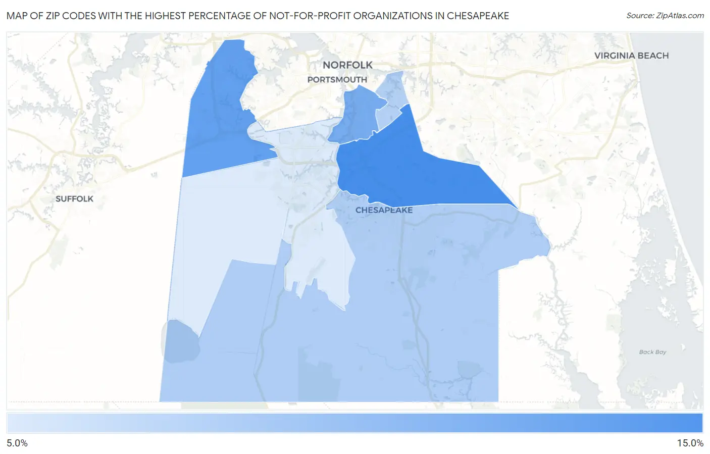 Zip Codes with the Highest Percentage of Not-for-profit Organizations in Chesapeake Map
