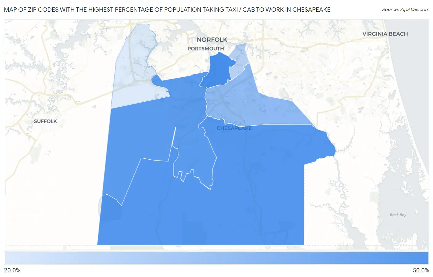 Zip Codes with the Highest Percentage of Population Taking Taxi / Cab to Work in Chesapeake Map