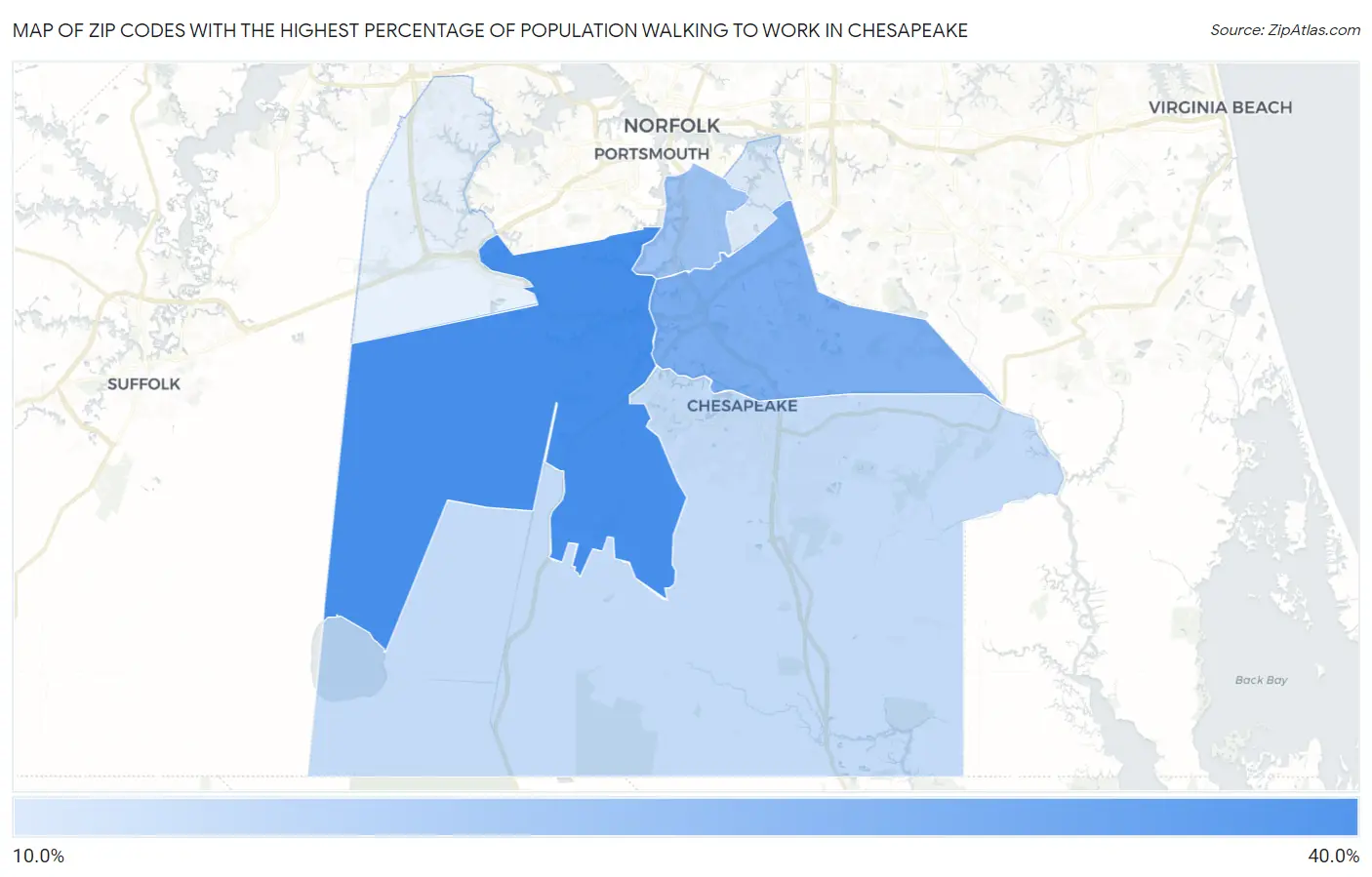 Zip Codes with the Highest Percentage of Population Walking to Work in Chesapeake Map