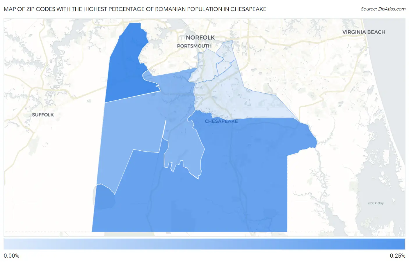 Zip Codes with the Highest Percentage of Romanian Population in Chesapeake Map