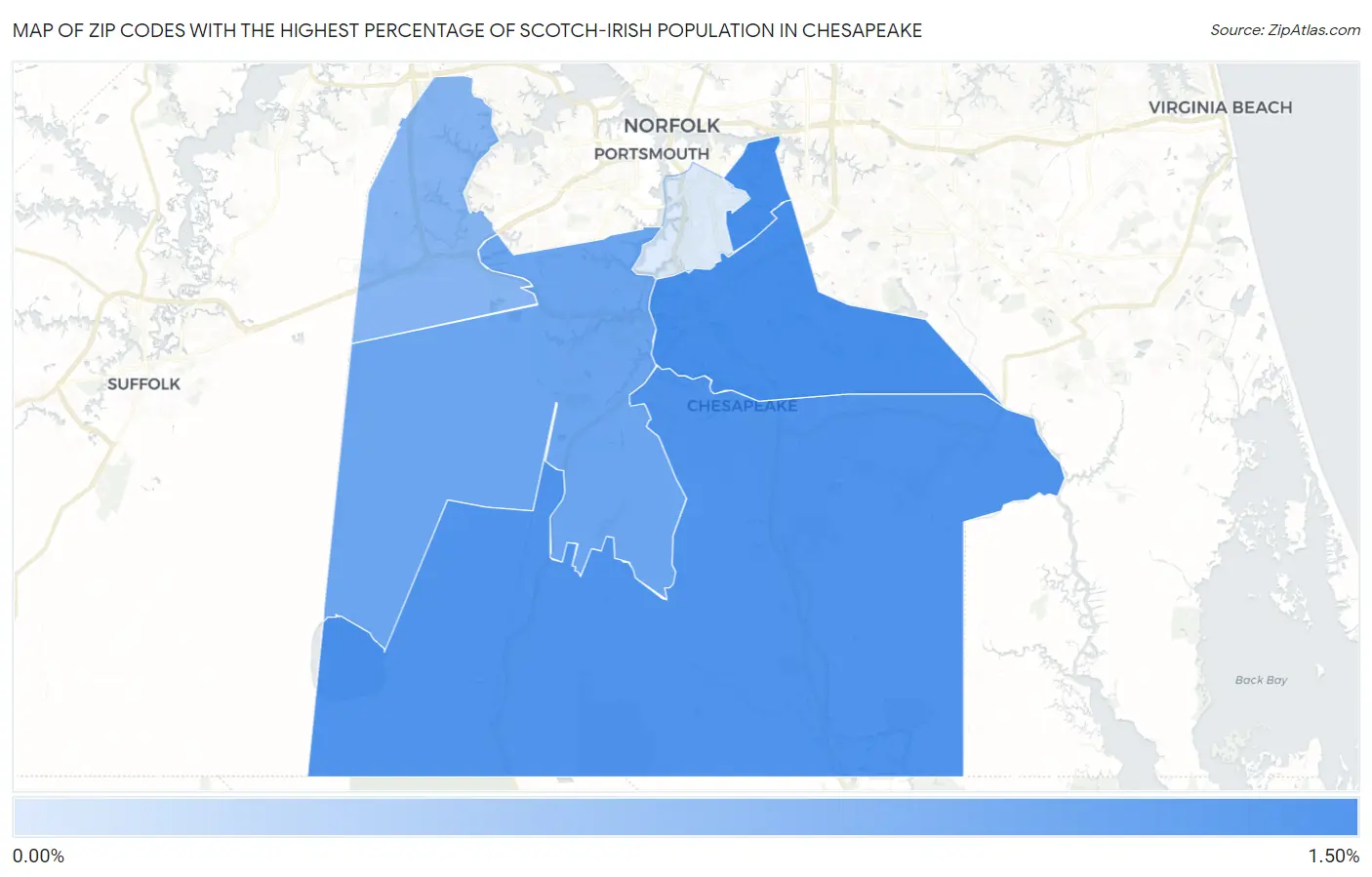 Zip Codes with the Highest Percentage of Scotch-Irish Population in Chesapeake Map