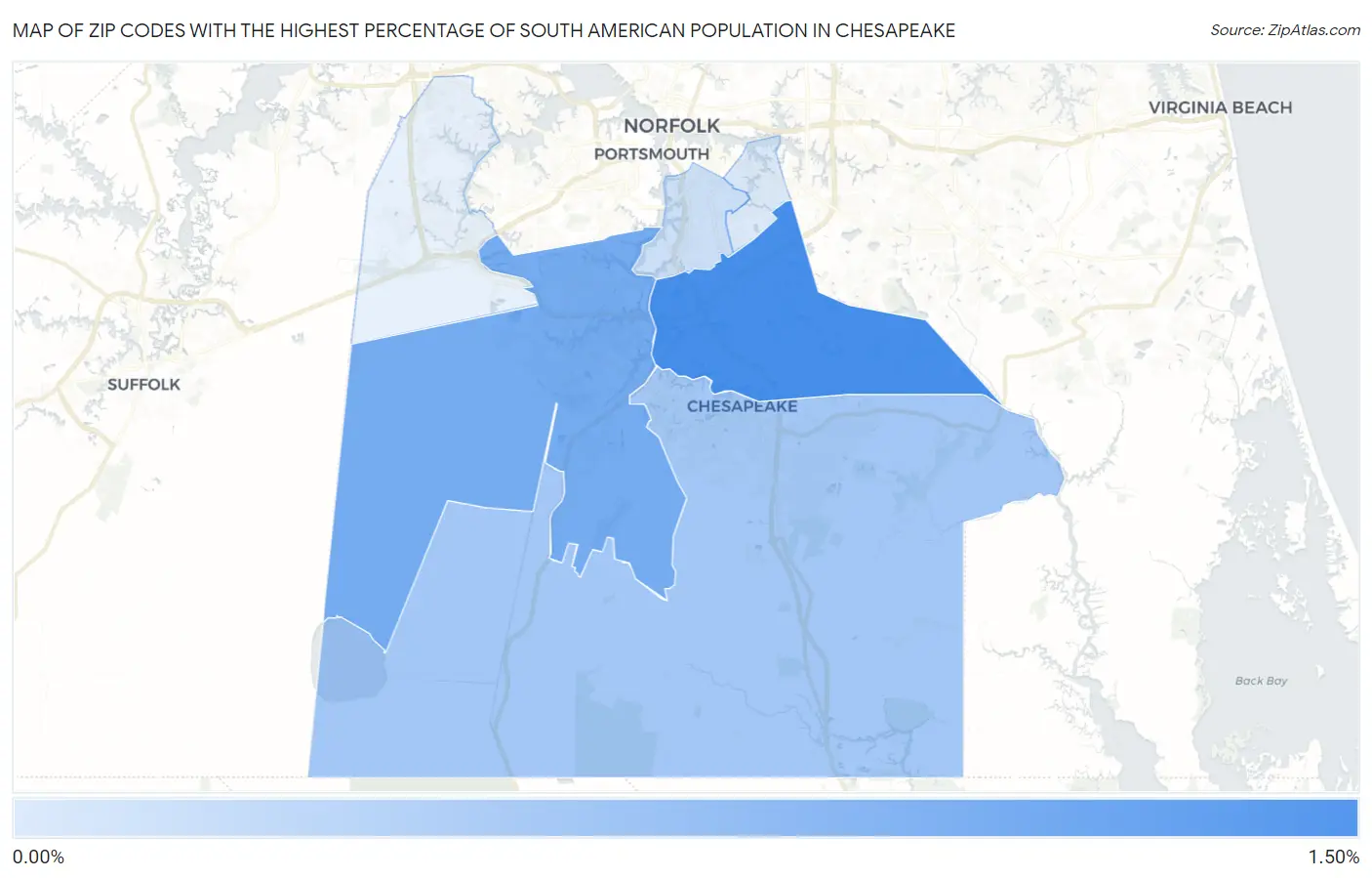 Zip Codes with the Highest Percentage of South American Population in Chesapeake Map