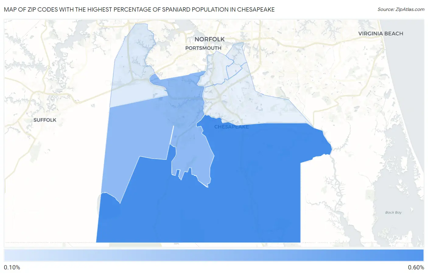 Zip Codes with the Highest Percentage of Spaniard Population in Chesapeake Map