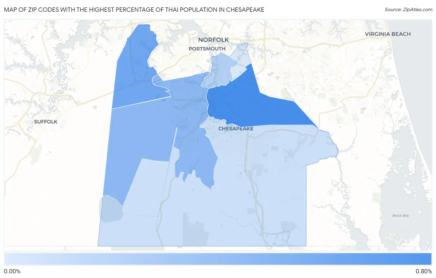 Zip Codes with the Highest Percentage of Thai Population in Chesapeake Map