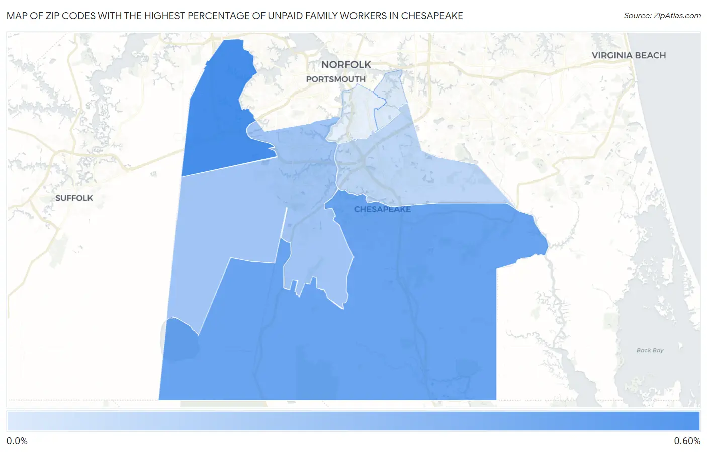 Zip Codes with the Highest Percentage of Unpaid Family Workers in Chesapeake Map