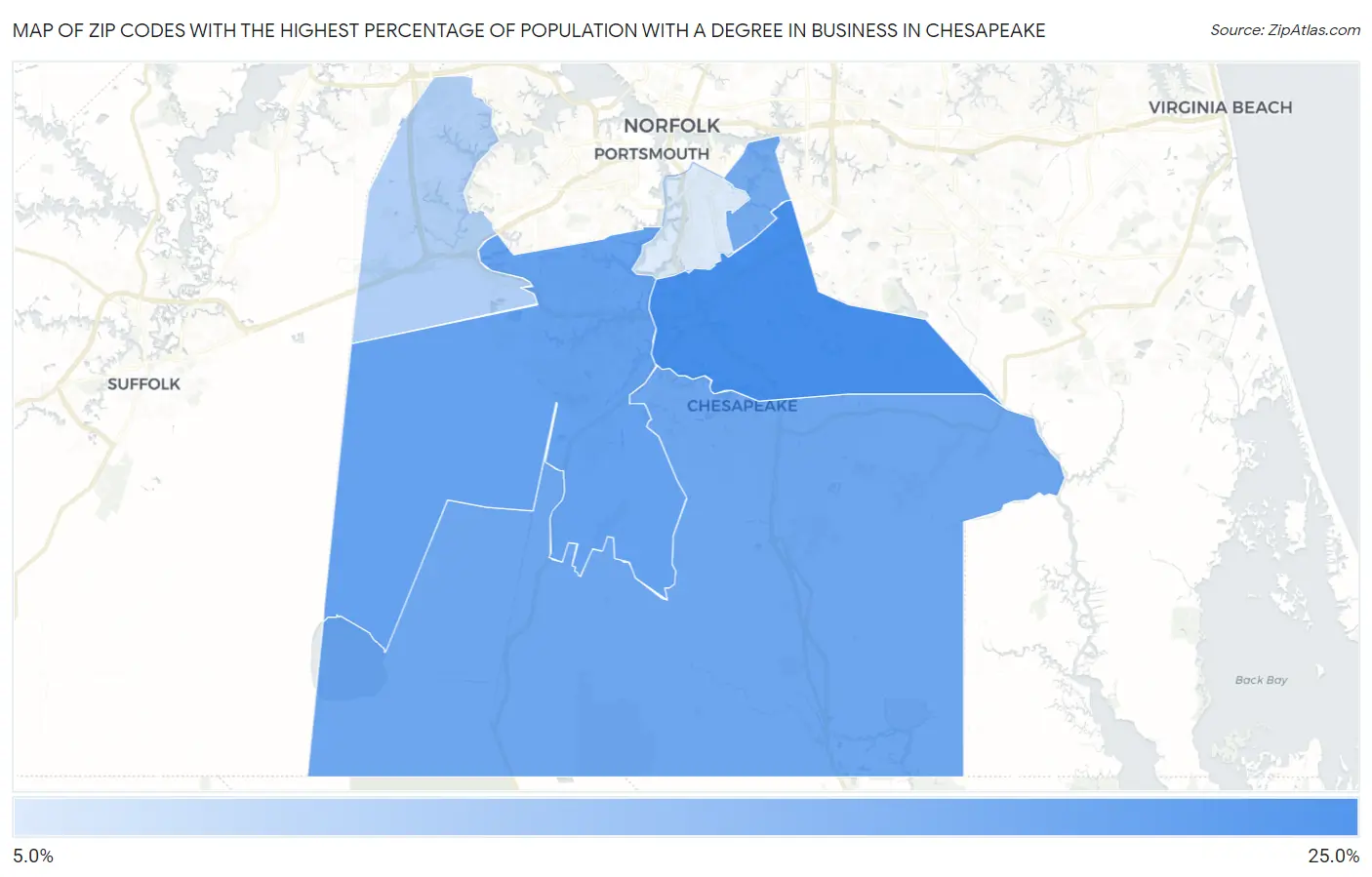 Zip Codes with the Highest Percentage of Population with a Degree in Business in Chesapeake Map