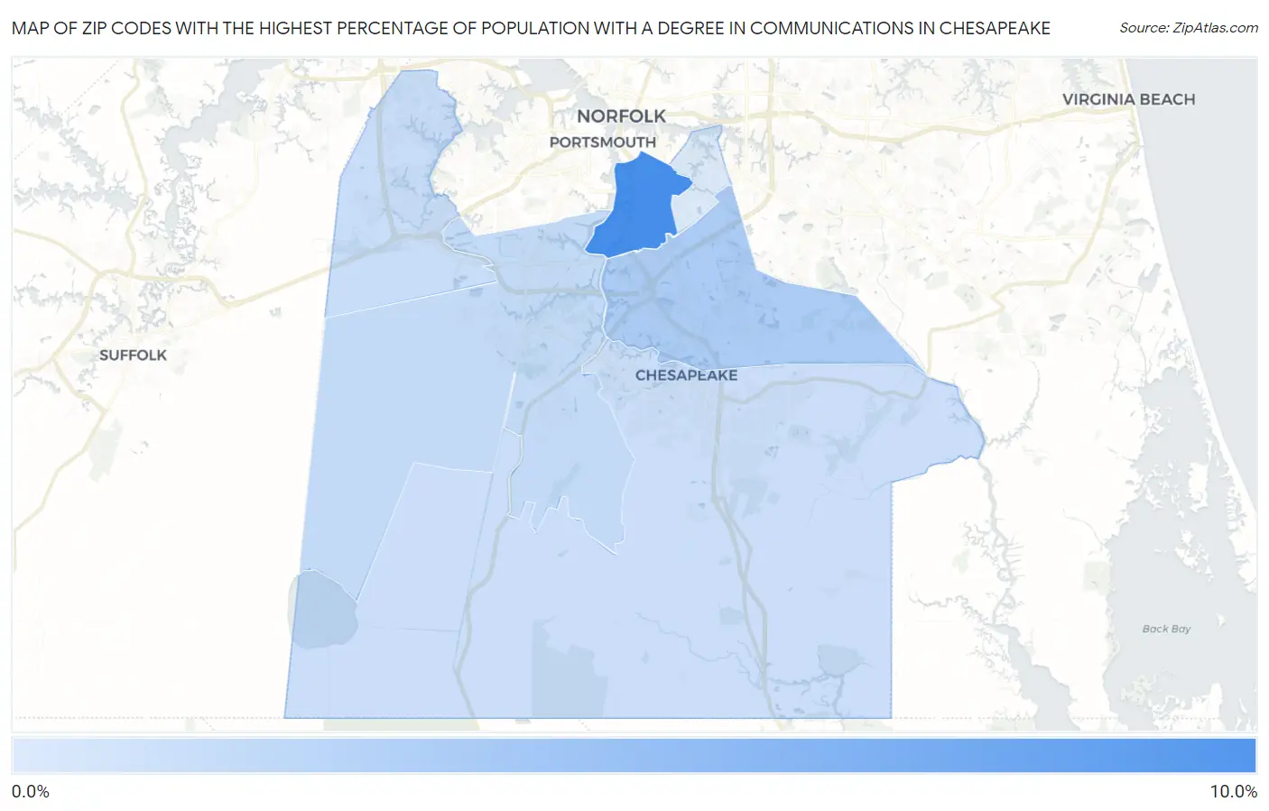 Zip Codes with the Highest Percentage of Population with a Degree in Communications in Chesapeake Map