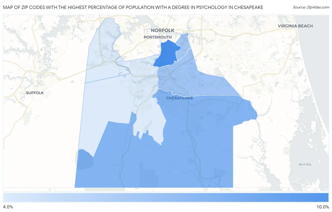 Zip Codes with the Highest Percentage of Population with a Degree in Psychology in Chesapeake Map