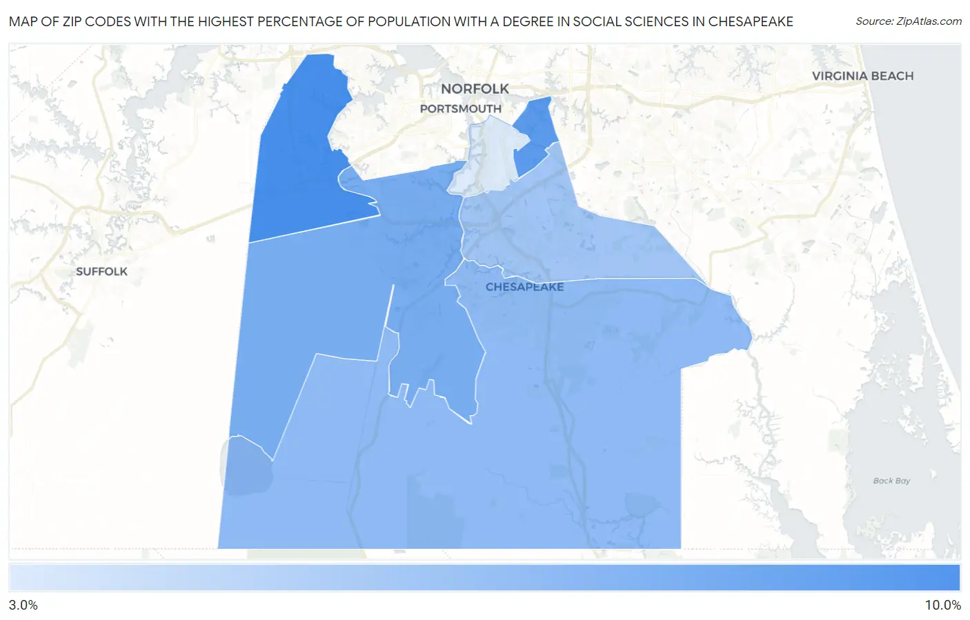 Zip Codes with the Highest Percentage of Population with a Degree in Social Sciences in Chesapeake Map