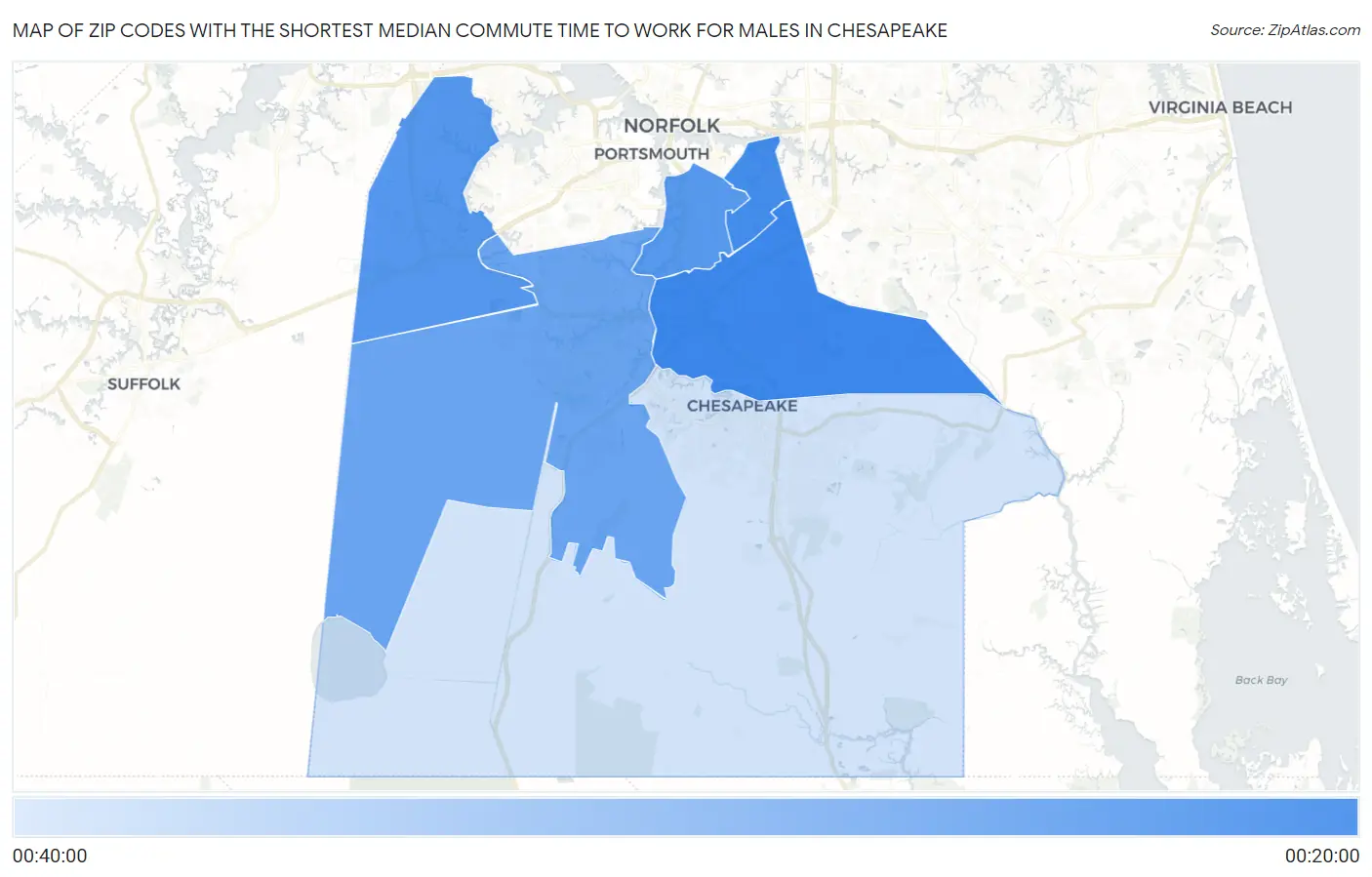 Zip Codes with the Shortest Median Commute Time to Work for Males in Chesapeake Map