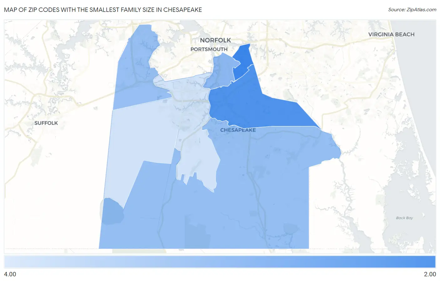 Zip Codes with the Smallest Family Size in Chesapeake Map