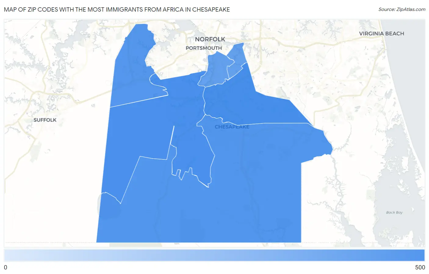 Zip Codes with the Most Immigrants from Africa in Chesapeake Map