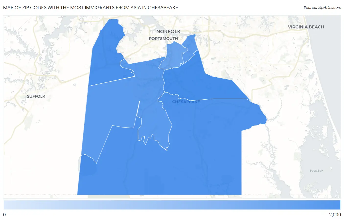 Zip Codes with the Most Immigrants from Asia in Chesapeake Map