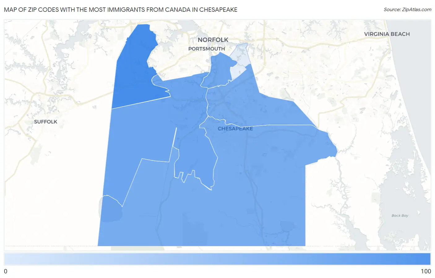 Zip Codes with the Most Immigrants from Canada in Chesapeake Map