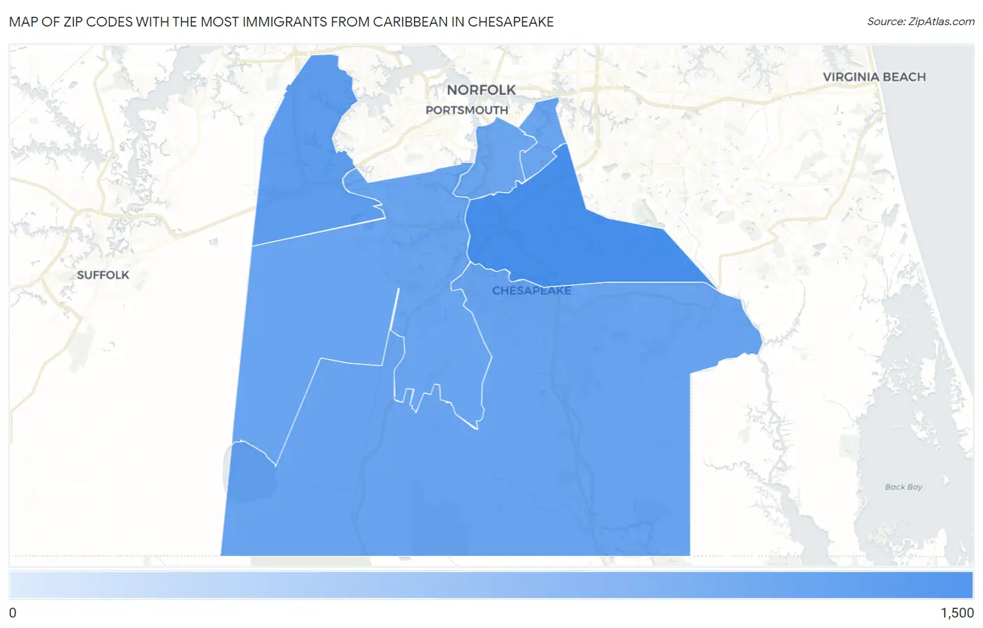 Zip Codes with the Most Immigrants from Caribbean in Chesapeake Map