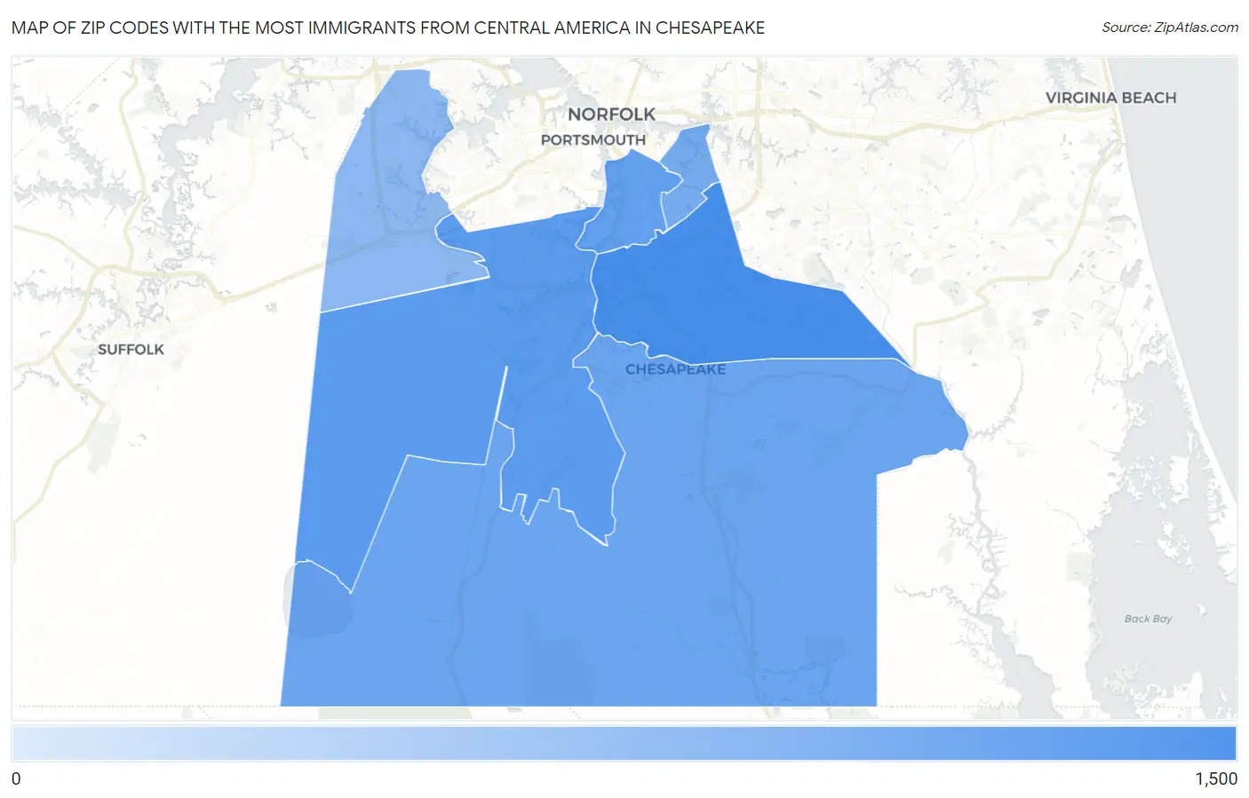 Zip Codes with the Most Immigrants from Central America in Chesapeake Map