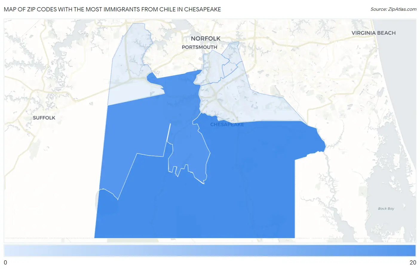 Zip Codes with the Most Immigrants from Chile in Chesapeake Map