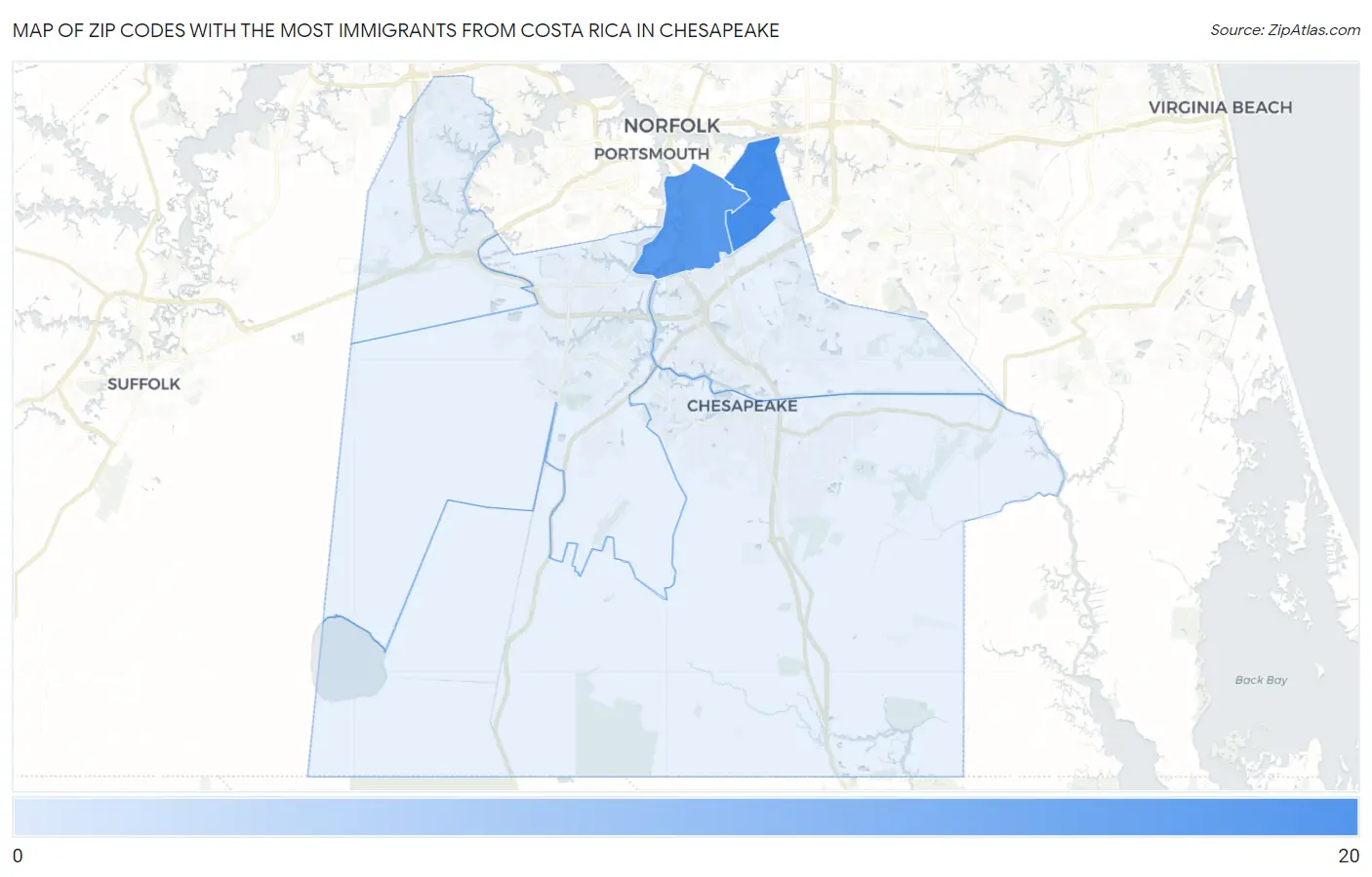 Zip Codes with the Most Immigrants from Costa Rica in Chesapeake Map