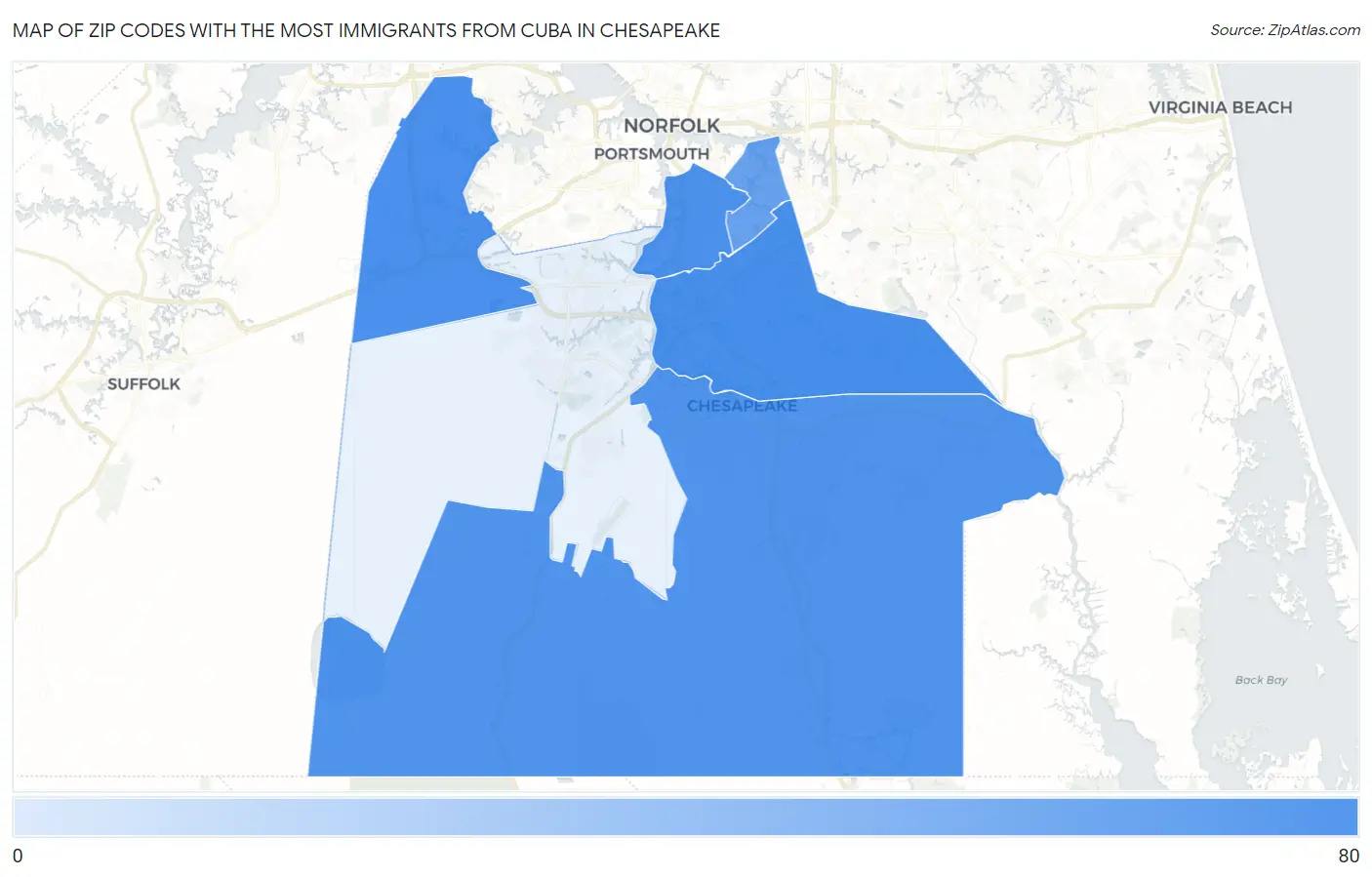 Zip Codes with the Most Immigrants from Cuba in Chesapeake Map