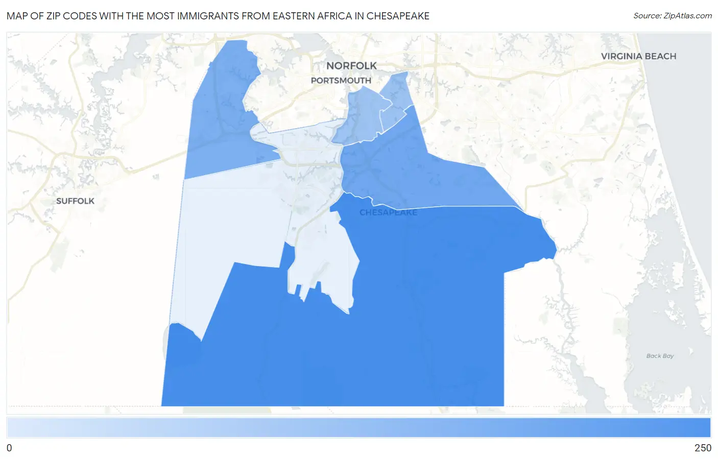 Zip Codes with the Most Immigrants from Eastern Africa in Chesapeake Map