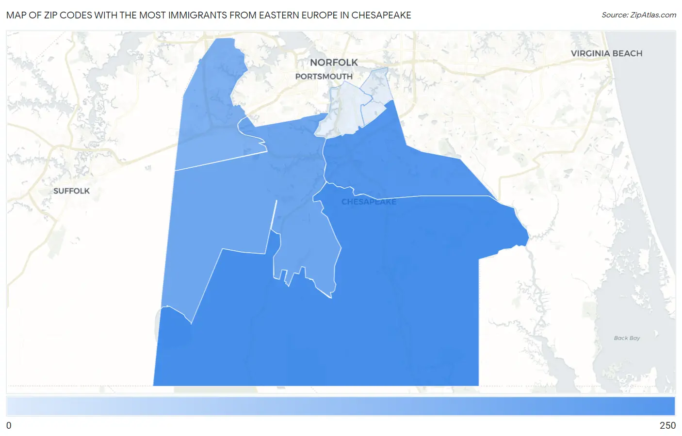 Zip Codes with the Most Immigrants from Eastern Europe in Chesapeake Map