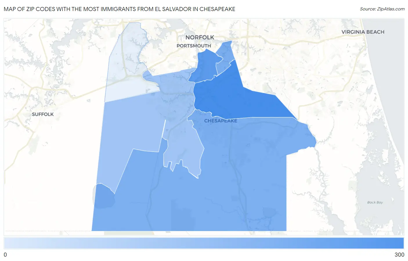 Zip Codes with the Most Immigrants from El Salvador in Chesapeake Map